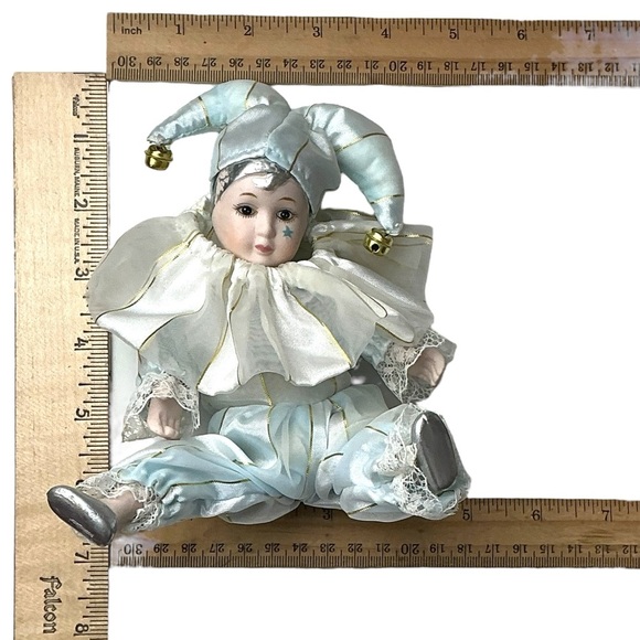 Porcelain Jester Harlequin Doll Blue Gold Silver Vintage Collectible 6 Inch - Picture 4 of 16